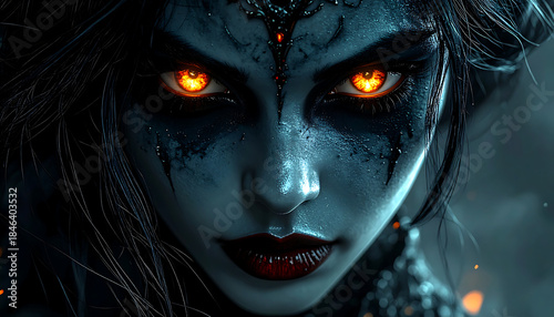 A close-up, intense portrait of a dark fantasy female character with glowing orange eyes and blue skin.