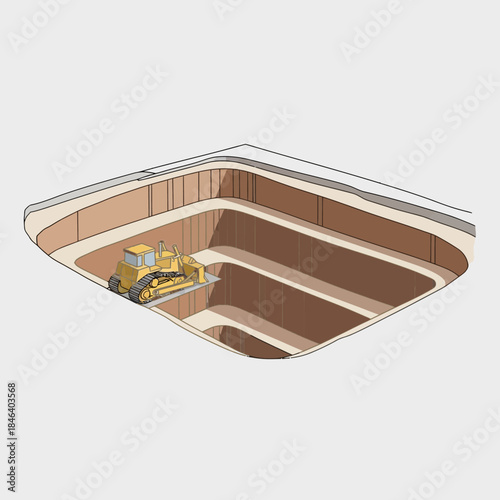 Excavator working in a large open pit mine construction site.