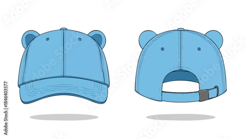 Illustrative Presentation of Light Blue Cap Design Featuring Ears, Showcasing Front and Back Views for Apparel Mockups