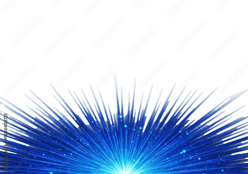 Fototapeta premium Vibrant electric blue sunburst, crisp radiating rays, luminous bokeh particles from bottom, white background with copy space, innovation and new beginnings concept