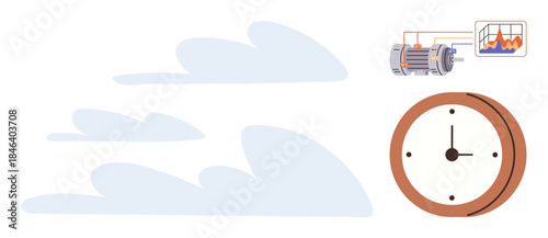 Clock representing time, analytic graph suggesting productivity, and clouds reflecting motion. Ideal for time tracking, productivity, workflow, efficiency, strategy planning and progress. Simple