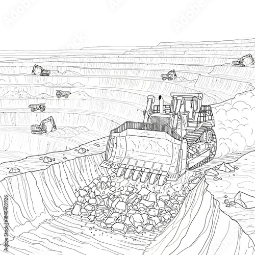 Heavy bulldozer pushing rocks in a large open pit mine construction site.