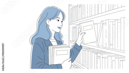 A young woman with blue hair selecting a book from a library shelf.