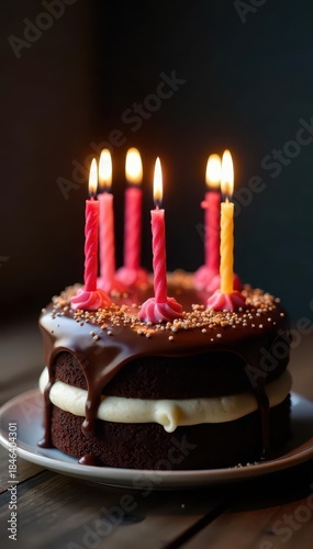 Delicious chocolate birthday cake with lit candles , yummy, isolated, birthday cake