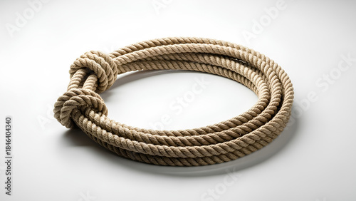 A sturdy natural fiber rope coiled neatly with a functional knot on a bright white surface