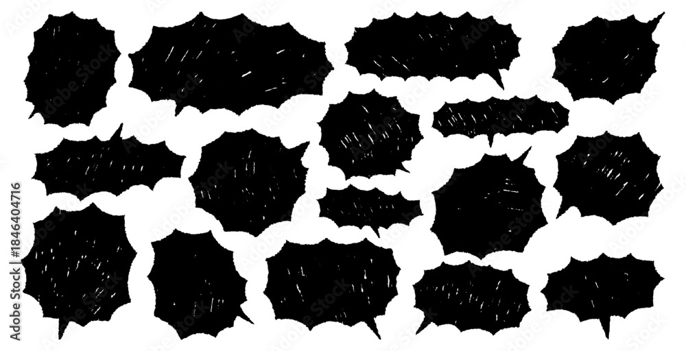 Obraz premium Black comic explosion speech bubble set. Jagged crayon drawn shapes for text emphasis. Punk rough chalk and ballpoint pen textures. Funky sketch doodle frames for highlighting.