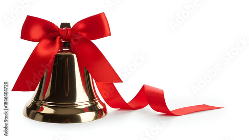 Shiny Golden Bell Adorned with a Vibrant Red Bow and Flowing Ribbon
