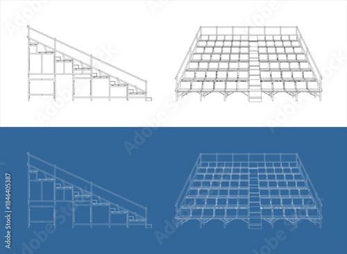 Isometric Wireframe Drawing of Large Bleachers Seating Structure on White and Blueprint Background