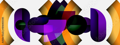 Abstract composition. Purple, orange hues dominate. Geometric shapes overlap, creating complex visual effect. Modern design, vibrant colors.