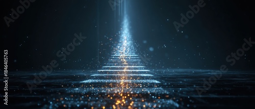 Futuristic glowing data pathway forming upward steps, symbolizing business growth, digital transformation, success strategy, and future technology vision on dark background.