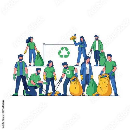 Dedicated volunteers united for a community cleanup event, actively collecting waste and promoting a cleaner environment through sustainable practices and recycling initiatives