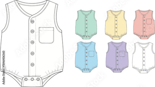 Flat sketch of a sleeveless baby romper with front buttons and a pocket, shown in multiple pastel colors and a line drawing.