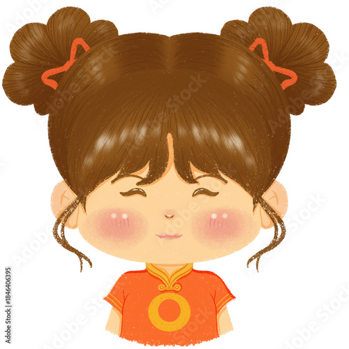 Cute Chinese Girl in Qipao Dress – Hand-Drawn Crayon Style Illustration