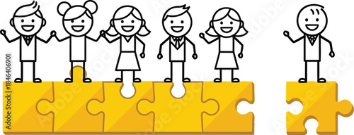 Diverse group of stick figures standing on puzzle pieces representing teamwork collaboration and problem solving concepts