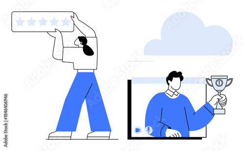 Person holding a star rating panel and a video-call screen showing a man with a trophy. Ideal for digital recognition, online reviews, virtual rewards, feedback, ratings, remote achievements
