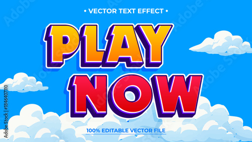 Vibrant playful 'Play Now' vector text effect with clouds