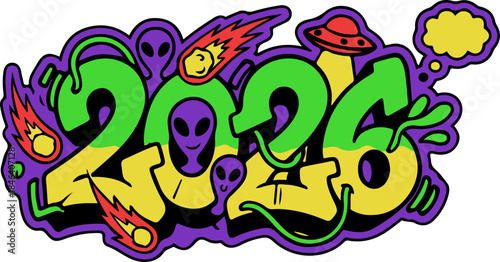 Vibrant 2026 Graffiti Art with Aliens UFO and Comets