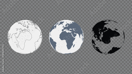 Three globe illustrations with different shading on a transparent background