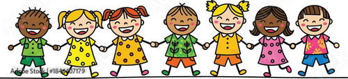 A colorful illustration of diverse children holding hands in a line representing friendship and unity