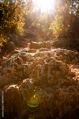 Steep rocky path leading to Mount Križevac in Medjugorje, the difficult pilgrimage road to the Krizevac Cross, symbolizing faith, endurance, prayer, and spiritual journey.