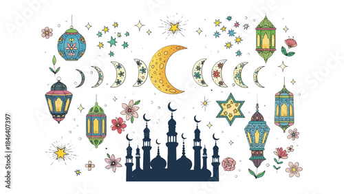 Moonlit Mosaic: A captivating collection of Islamic cultural symbols. The image features a crescent moon surrounded by twinkling stars and ornate lanterns, creating a tranquil atmosphere.