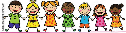 Diverse group of cartoon children holding hands in a row representing unity and friendship on a white background
