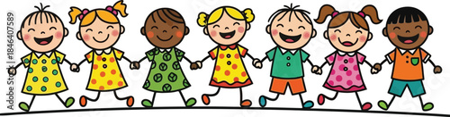 Colorful cartoon children holding hands in a row representing diversity and friendship on a white background