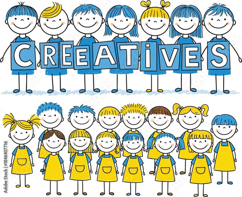 Colorful doodle illustration of diverse people with the word creatives in whimsical hand drawn style