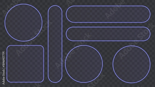 Light frame liquid glass button set for mobile and web app, tech board frame in futuristic style. Purple HUD interface, vector illustration. Light glass png banner collection with glow effect.