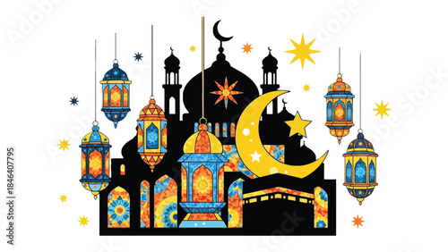 Glowing Lanterns: A vibrant array of illuminated lanterns adorns a silhouetted structure, under a crescent moon, invoking a sense of cultural celebration.