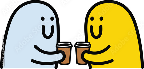 Two cute cartoon blobs are toasting each other with coffee cups in a friendly and playful illustration