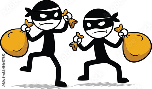 Two cartoon thieves wearing masks run with large bags of stolen gold coins depicting a humorous heist