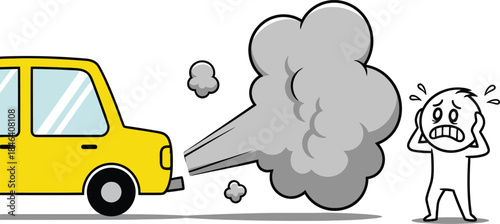 Cartoon illustration of a school bus with smoke coming from the engine and a frustrated driver