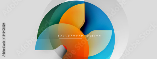 Abstract colorful design. Overlapping circles create dynamic visual effect. Gradient shades blend smoothly, forming modern background.