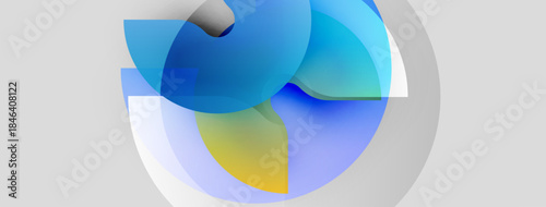 Abstract fluid shapes overlap, creating soft blue, yellow gradients. Minimalist design with light background. Modern aesthetic.