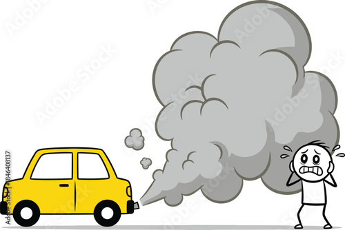 Cartoon illustration of a small yellow car emitting a large cloud of black smoke with a frustrated driver