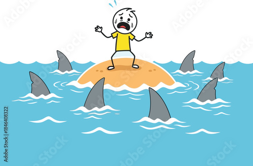 Cartoon illustration of a person joyfully surfing a wave with playful sharks swimming nearby in blue water