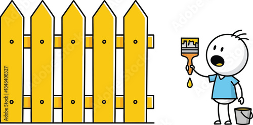 Snoopy stands by a bright yellow picket fence holding a microphone ready to broadcast a cheerful message