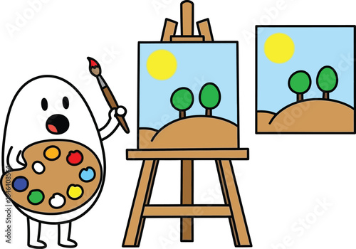 Whimsical cartoon illustration of an egg artist painting a landscape on an easel with bright colors