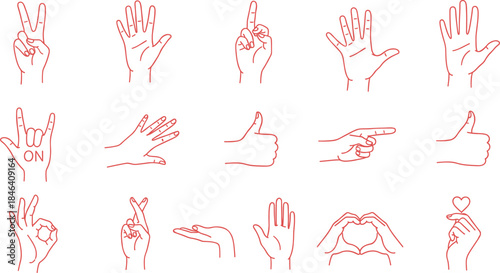Hand gesture line icons set showing counting, pointing, thumbs up, love sign, and communication symbols
