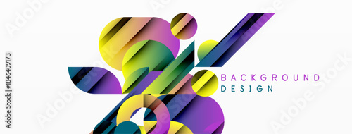 Abstract colorful shapes overlap, creating dynamic visual composition. Modern design elements suggest energy, movement, innovation.