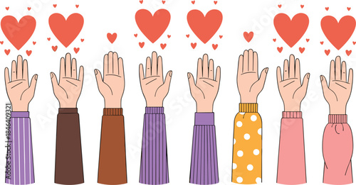 Raised hands with hearts illustration representing love, support, unity and diversity in colorful flat vector style