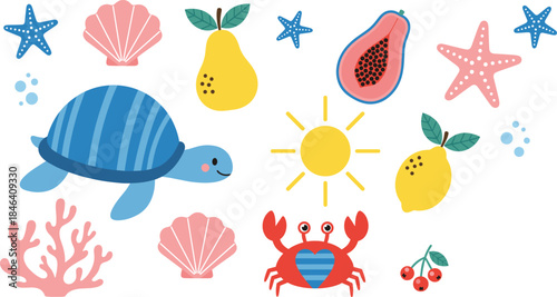 Cute summer beach illustration set with turtle, crab, shells, starfish, fruits and sun for kids and vacation design