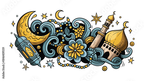 Cultural Symbols: An artistic illustration filled with traditional symbols like a crescent moon, a lantern, a minaret, a dome, and decorative bead strands, representing faith and culture.