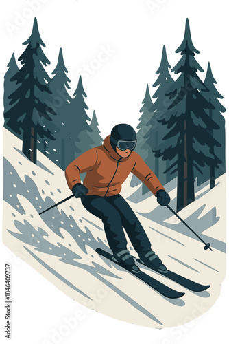 A skier cuts down a tight, forested slope, sending fresh snow into the air and forming a lively winter sports tableau