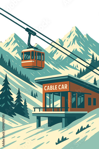 A retro illustration of a cable car station surrounded by mountain peaks in a winter sports setting