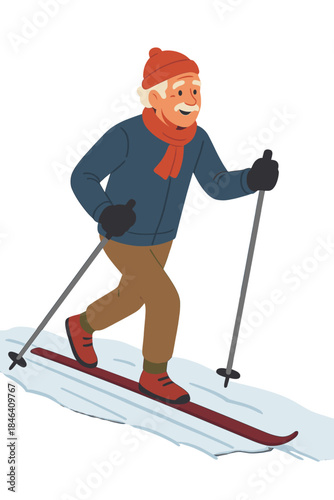 An energetic elderly gentleman is skiing across snowy terrain while on vacation