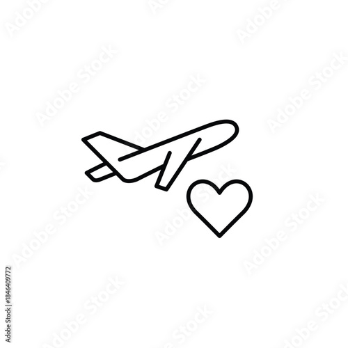 Plane taking off and heart. Love travel and romantic getaway. Pixel perfect, editable stroke vector icon