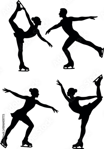 Black vector silhouettes of WebIce skaters in dynamic poses, capturing graceful figure skating, motion, winter sport, balance, elegance, technique, and performance