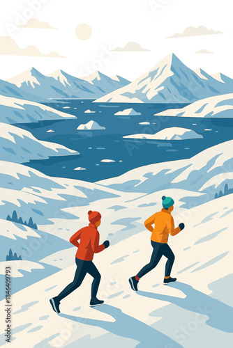 Aerial view of people jogging down a snowy slope in Antarctica, enjoying winter sports in a wild, sunlit mountain landscape